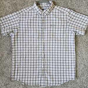 Columbia searsucker Button Down Shirt Mens Large Plaid Short Sleeve Cotton ECU